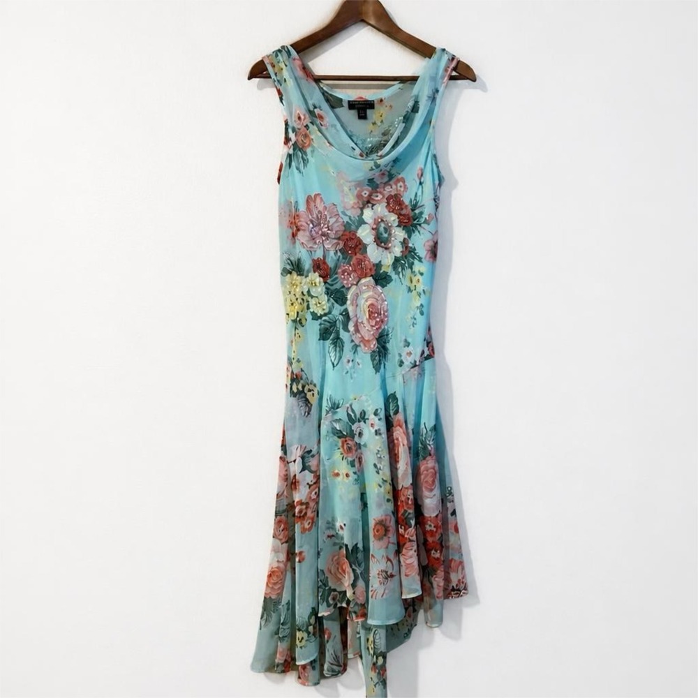 Y2K 90s Connected Aparel Flowy Floral Beaded Dress Asymmetrical Hem Formal